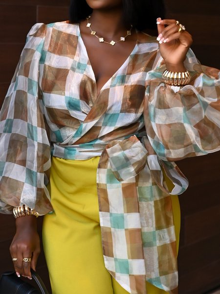 Urban Plaid Lace-up V Neck Balloon Sleeve Blouse, As picture, Blouses and Shirts
