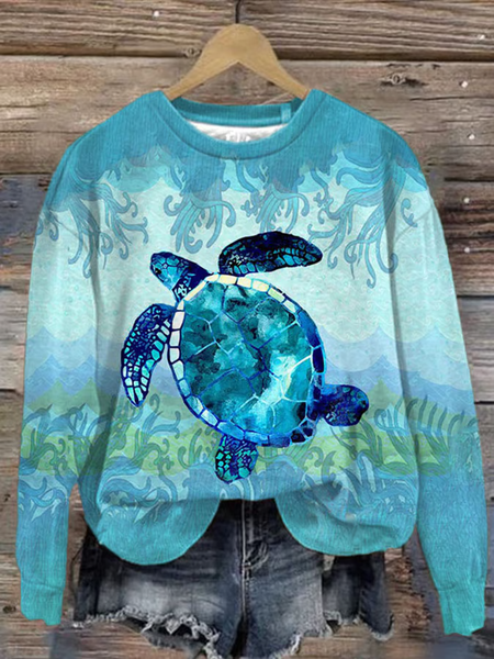 

Women's Casual Sea ​​Turtle Print Long Sleeve Sweatshirt, Blue, Hoodies&Sweatshirts
