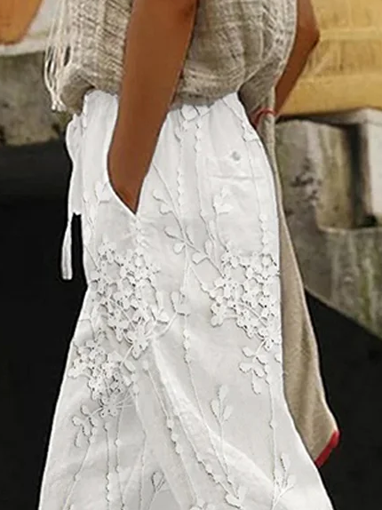 

Women's Trousers Straight Pants Daily Going Out Casual Printing Linen Blend Floral Spring/Fall Pants, White, Pants