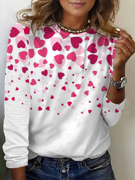 

Casual Heart/Cordate Crew Neck Long Sleeve T-shirt, White, T-shirts