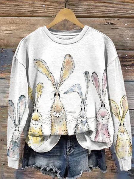 

Women'S Watercolor Bunny Print Long Sleeve Sweatshirt, White, Hoodies&Sweatshirts