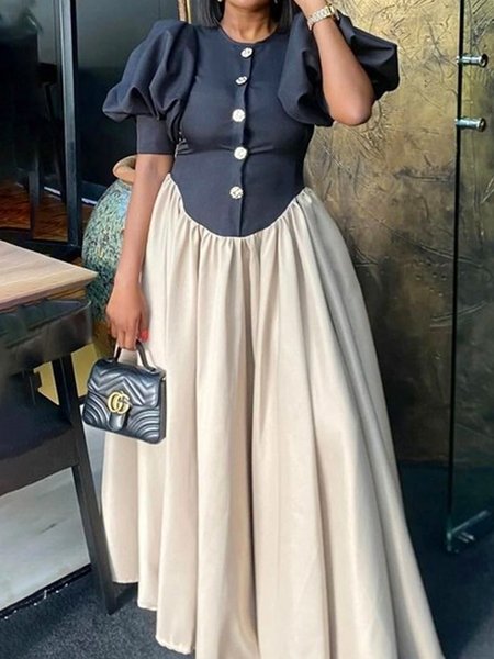 

Urban Contrast Stitching Puff Sleeve Split Joint Crew Neck Maxi Dress, As picture, Maxi Dresses