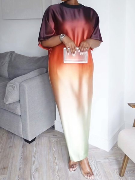 

Urban Gradient Pattern Printing Crew Neck Maxi Dress, As picture, Maxi Dresses