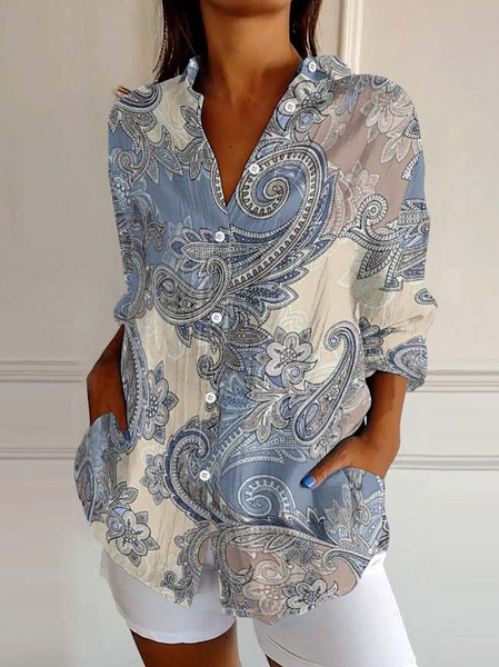 Street Paisley Shawl Collar Linen Blend Shirt, As picture, Blouses