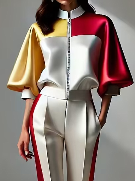 Casual Balloon Color Block Jacket, As picture, Jackets