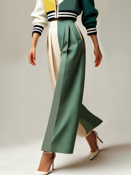 Urban Color Block Wide Leg Pants, White-green, Pants