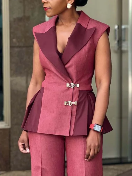 

Urban Buttoned Color Block Lapel Collar Vest, Red, Vests and Gilets