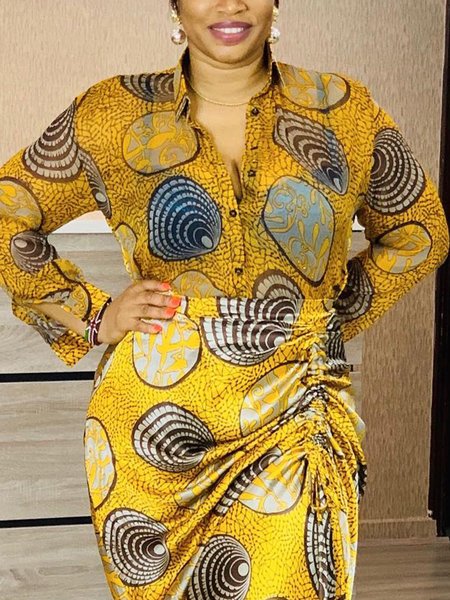 Elegant Abstract Polka Dots Printing Shirt, Yellow, Blouses and Shirts