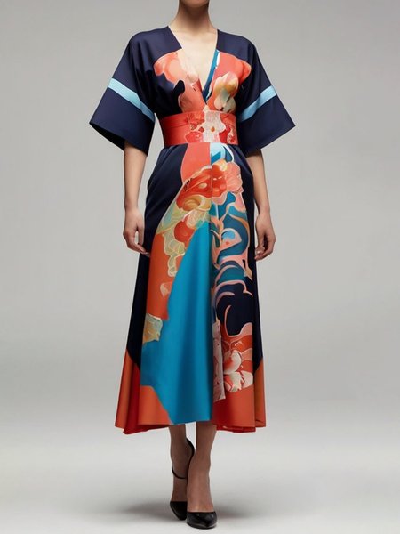

Vacation Random Print Raglan Sleeve V Neck Maxi Dress, As picture, Maxi Dresses