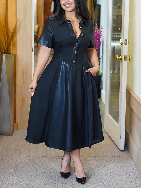 

Urban Plain Split Joint Shirt Collar Midi Dress, Black, Maxi Dresses