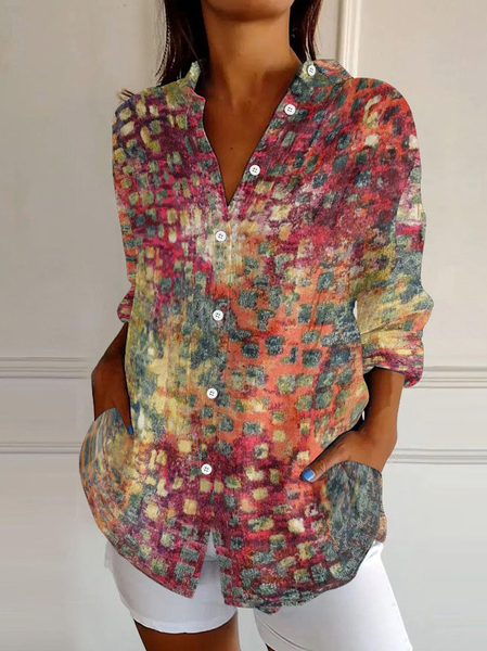 

Shawl Collar Long Sleeve Multicolor Block Regular Micro-Elasticity Loose Shirt For Women, As picture, Shirts