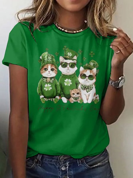 Casual St. Patrick's Day Animal Crew Neck Short Sleeve T-shirt, Green, T-shirts