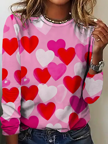 

Women's Valentine's Day Watercolor Heart Print Crew Neck T-Shirt, As picture, Long sleeves