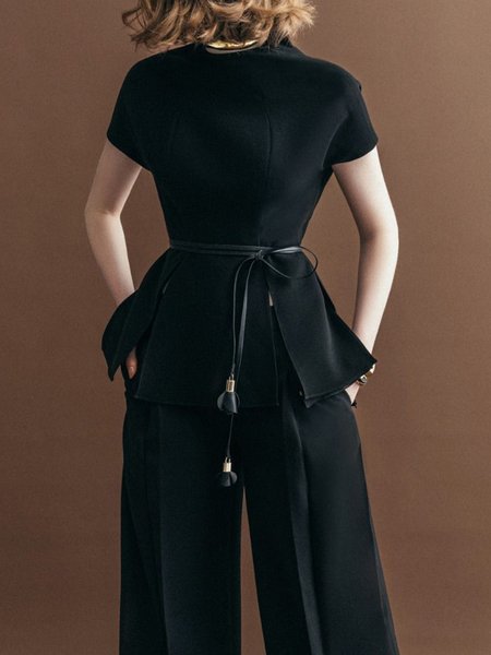 

Elegant Plain Crew Neck Raglan Sleeve Blouse No Belt, Black, Blouses and Shirts