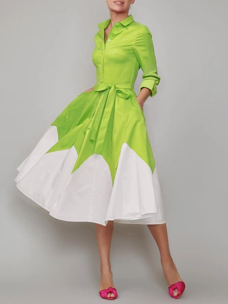 Elegant Color Block Shirt Collar Midi Dress With Belt, Green, Midi Dresses