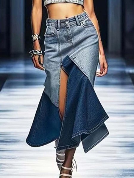Urban Color Block Midi Denim Skirt, Blue, Denim Skirts