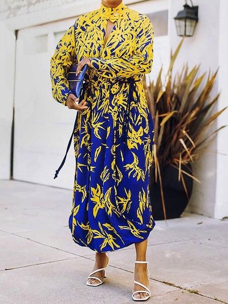 

Urban Plants Printing Stand Collar Maxi Dress, As picture, Maxi Dresses