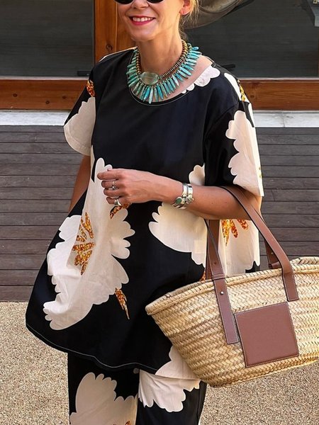 

Casual Floral Printing Crew Neck Loosen Blouse, Black-white, Blouses and Shirts
