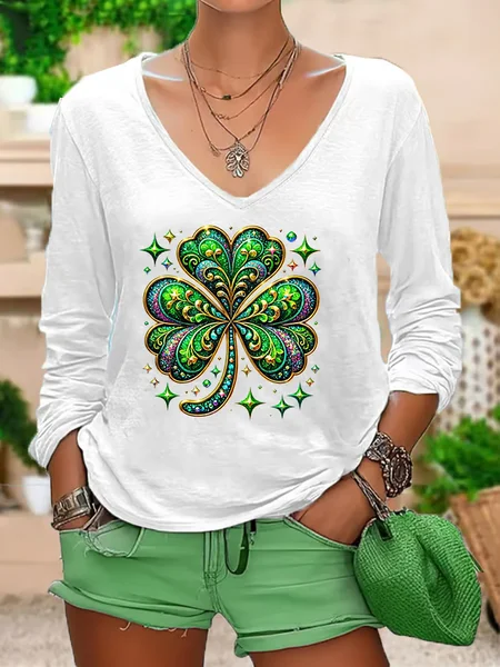 

Women's Long Sleeve Tee T-shirt Spring/Fall Shamrock St Patrick's Day Floral V Neck Casual Graphic Tee Top, White, T-Shirts