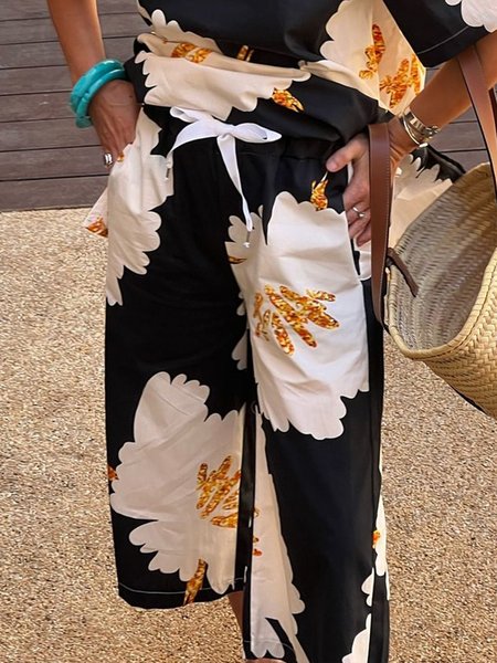 

Casual Floral Loosen Straight Pants, Black-white, Pants