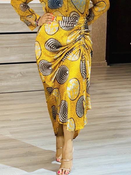 Elegant Side-Slit Abstract Polka Dots Midi Skirt, Yellow, Skirts