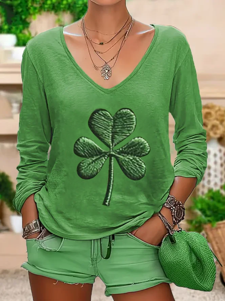

St. Patrick's Day Clover Print 100% cotton V-neck long sleeve T-shirt, Green, Long sleeves
