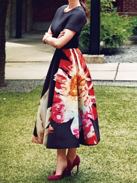 Elegant Floral Printing Crew Neck Maxi Dress, As picture, Maxi Dresses