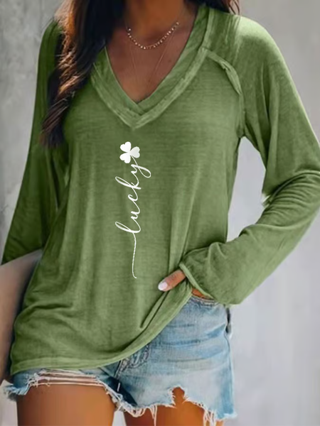 

Women's Text Letters Long Sleeve Blouse_ Spring/Fall Printing V Neck Daily Casual Top, Green, Shirts & Blouses