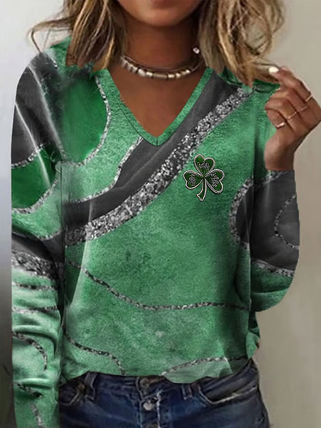 

Women's Shamrock St. Patrick's Day Casual Print Long Sleeve V-Neck T-Shirt, Green, Long sleeves