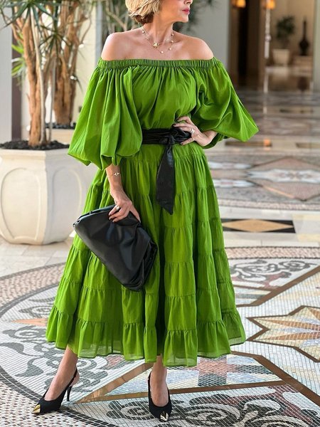 

Vacation Balloon Sleeve Ruched Cold Shoulder Midi Dress With Belt, Green, Midi Dresses