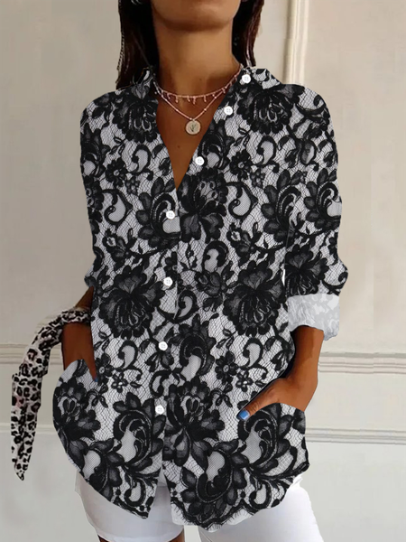 

Women's Long Sleeve Shirt Spring/Fall Floral Buckle Shirt Collar Daily Going Out Casual Top, Black, Shirts