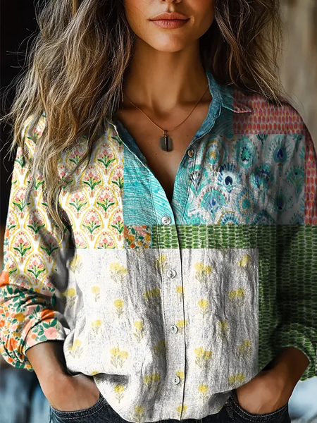 

Women's vintage floral patchwork print casual linen shirt, Green, Blouses