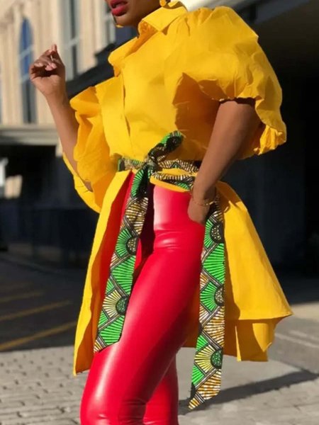 Urban Plain Shirt Collar Puff Sleeve Shirt With Belt, Yellow, Blouses and Shirts