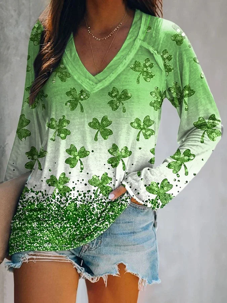 

Women's Shamrock St. Patrick's Day Casual Printed Long Sleeve V-Neck Top, Green, Long sleeves