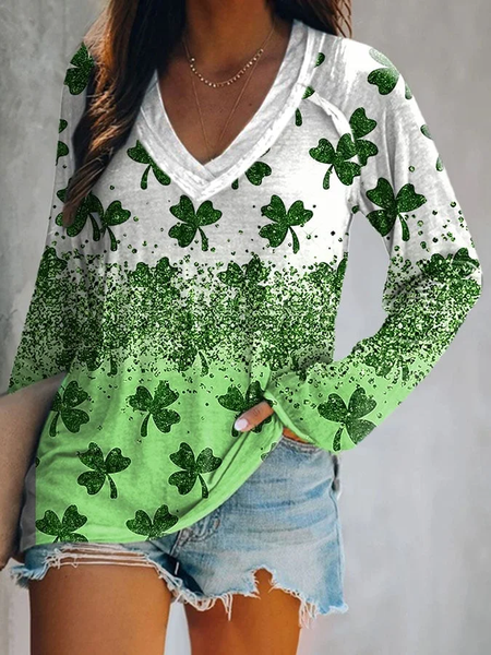 

Women's Shamrock St. Patrick's Day Casual Printed Long Sleeve V-Neck Top, Green, Long sleeves