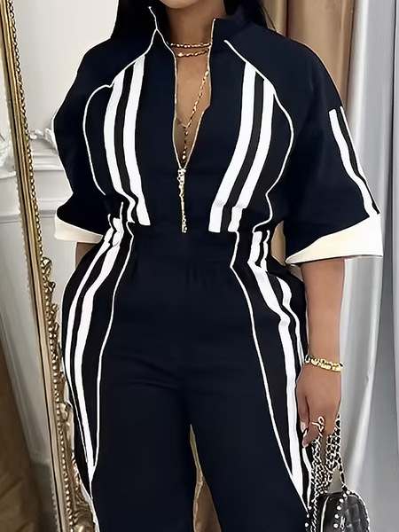 Casual Color Block Jacket, Black-white, Jackets