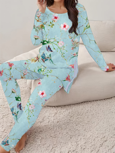 

Women's Printing Floral Daily Going Out Two Piece Set Long Sleeve Casual Spring/Fall Top With Pants Matching Set, Green, Suit Set