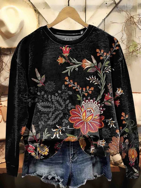 

Women's Floral Spring Casual Print Long Sleeve Crew Neck Sweatshirt, Black, Hoodies&Sweatshirts
