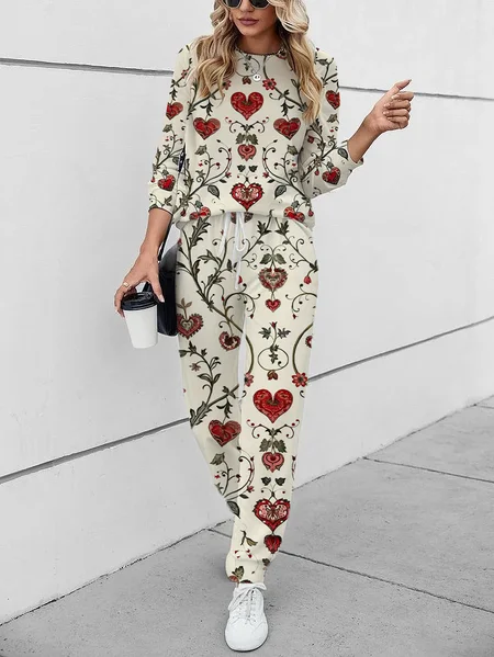 

Women Floral Crew Neck Long Sleeve Comfy Casual Printing Top With Pants Two-Piece Set, Apricot, Sets