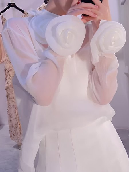 Elegant Plain 3D Floral Stand Collar Blouse, White, Blouses and Shirts