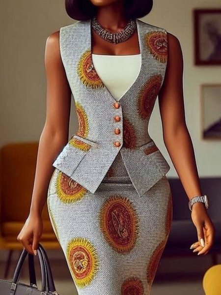 

Urban Ethnic Patterns V Neck Vest, As picture, Vests and Gilets
