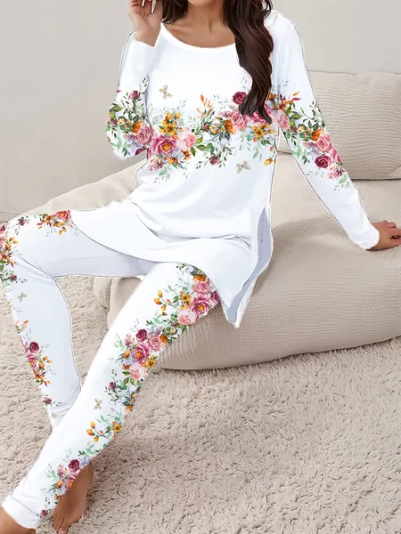 

Women's Printing Floral Daily Going Out Two Piece Set Long Sleeve Casual Spring/Fall Top With Pants Matching Set, White, Suit Set