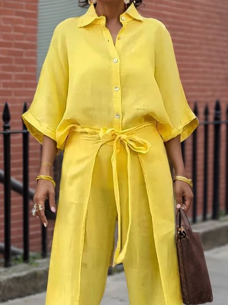 

Casual Plain Shirt Collar Raglan Sleeves Shirt, Yellow, Blouses and Shirts