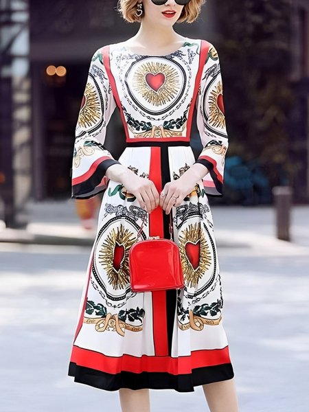 Elegant Heart/Cordate Crew Neck Midi Dress, As picture, Midi Dresses