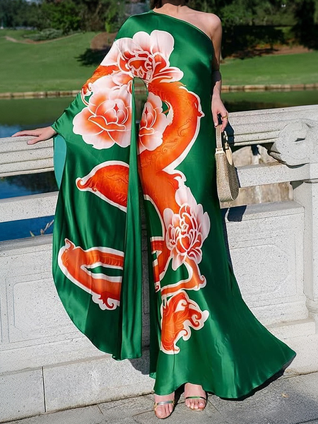Vacation Floral Asymmetric One Shoulder Maxi Dress, Green, Maxi Dresses