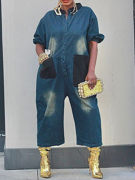 Casual Color Block Denim Jumpsuit, Denim blue, Jumpsuits