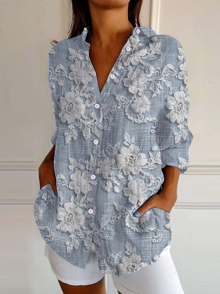 Women's Vintage Floral Print Casual Linen Cotton Shirt