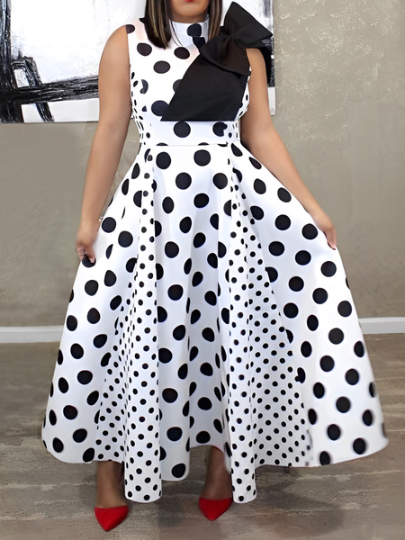 Elegant Polka Dots Bow Maxi Dress, As picture, Maxi Dresses