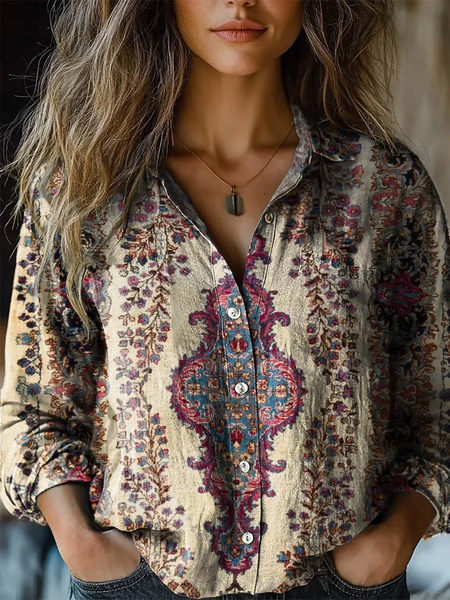 

Ladies vintage cute floral art print casual long sleeve comfortable shirt, Khaki, Blouses