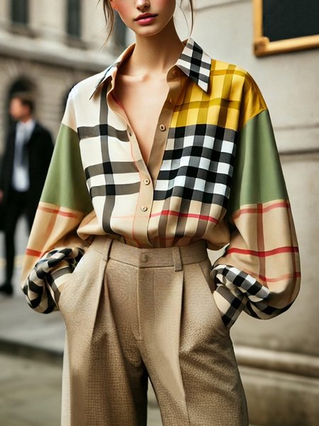 

Urban Plaid Printing Loosen Balloon Sleeve Shirt, As picture, Blouses and Shirts